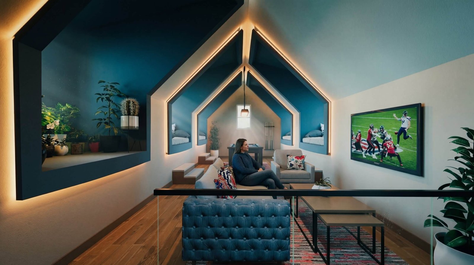 Modern attic living room interior render with vaulted ceiling, LED strip lighting, cozy seating, and contemporary design by Yantram Studio– 3D exterior rendering by Yantram Studio