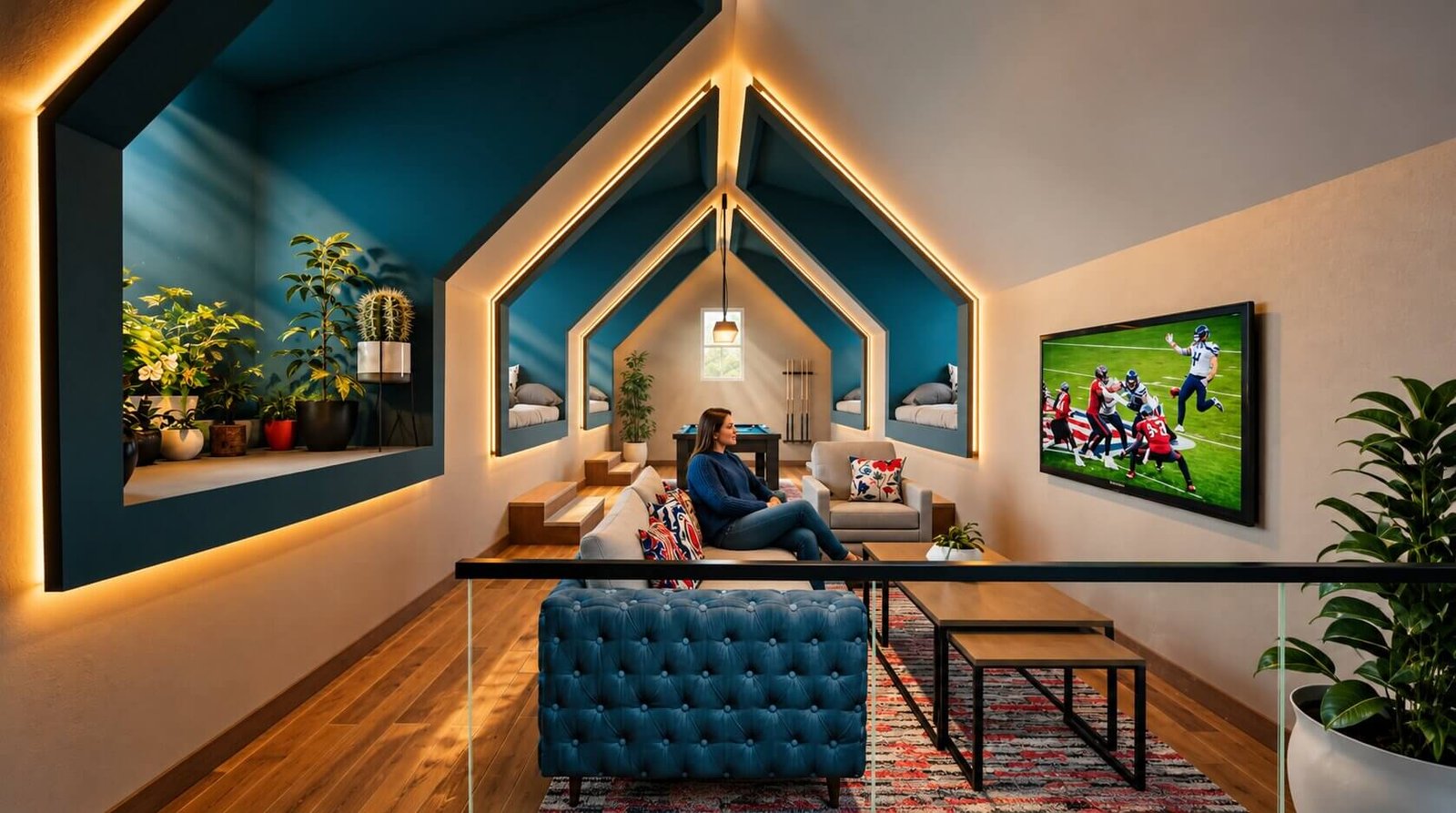 Modern attic living room interior render with vaulted ceiling, LED strip lighting, cozy seating, and contemporary design by Yantram Studio– 3D exterior rendering by Yantram Studio