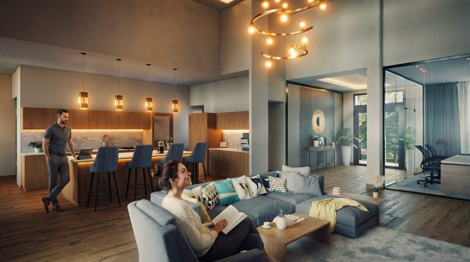 Modern open living room interior render with kitchen, glass office space, warm lighting, and contemporary furniture by Yantram Studio – 3D rendering by Yantram Studio
