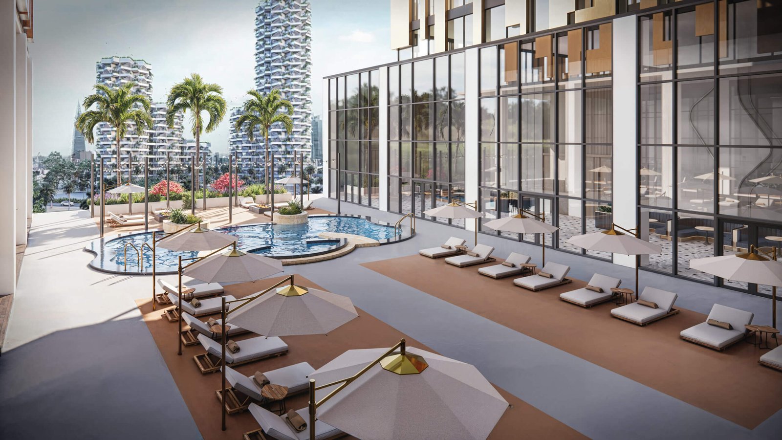 Photorealistic 3D rendering of a luxury residential pool deck with sun loungers, umbrellas, palm trees, and modern glass façade building by Yantram Studio.