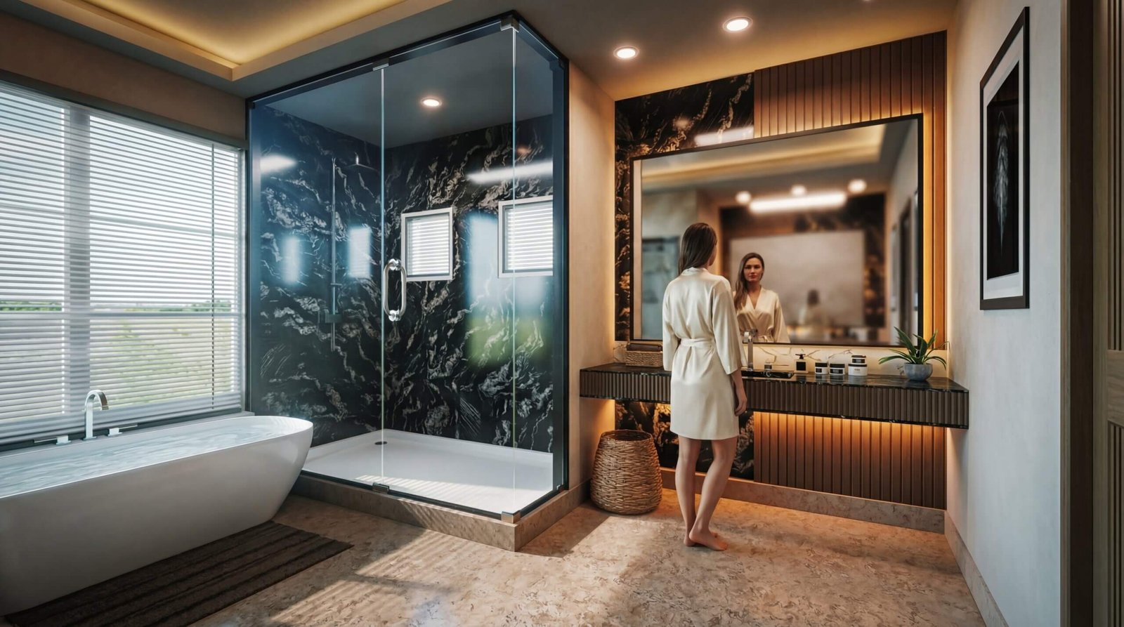 Modern luxury bathroom interior render with glass shower enclosure, marble walls, freestanding bathtub, and ambient lighting by Yantram Studio – 3D architectural visualization by Yantram Studio