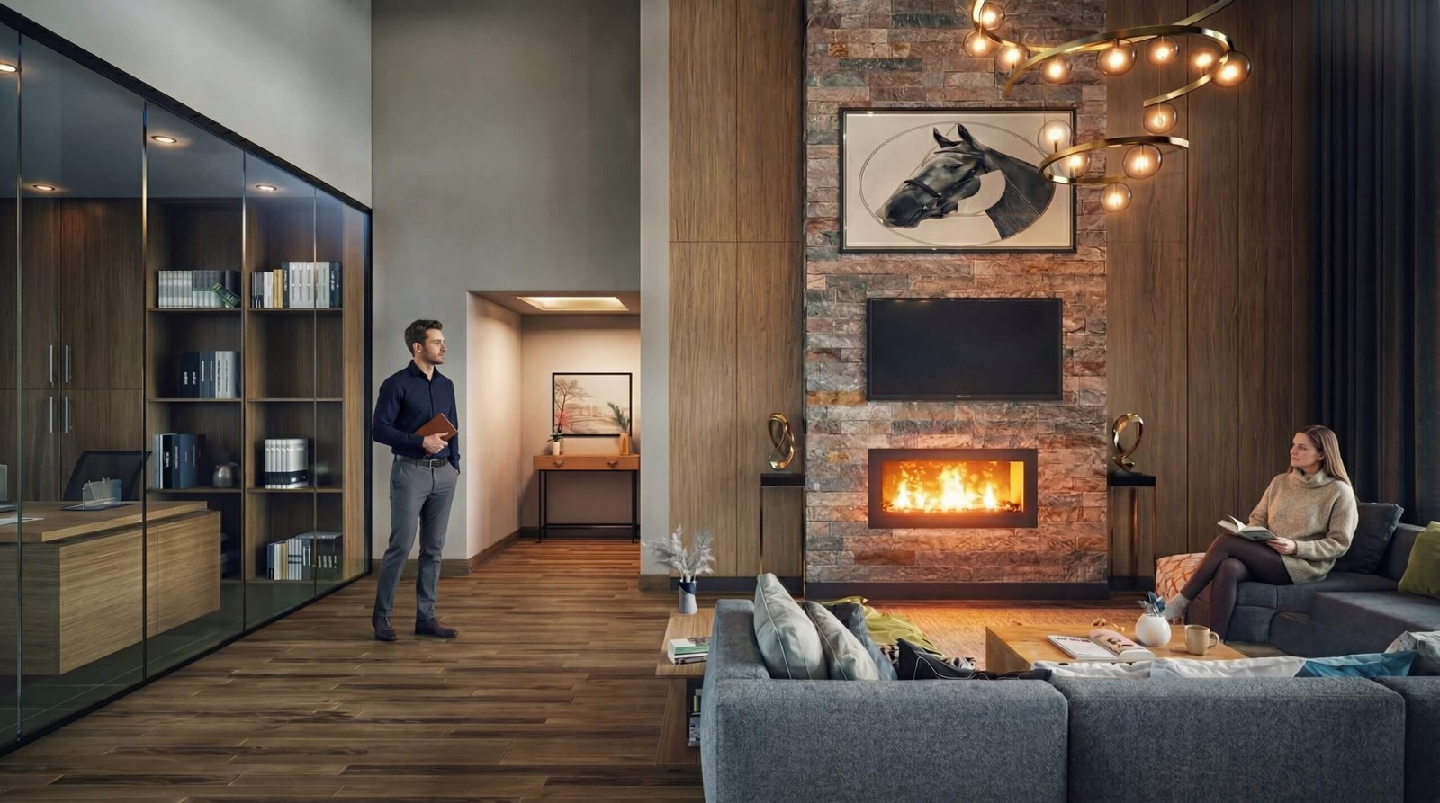 Modern luxury living room interior render with fireplace feature wall, warm lighting, and contemporary furniture design by Yantram Studio– 3D architectural visualization Yantram Studio