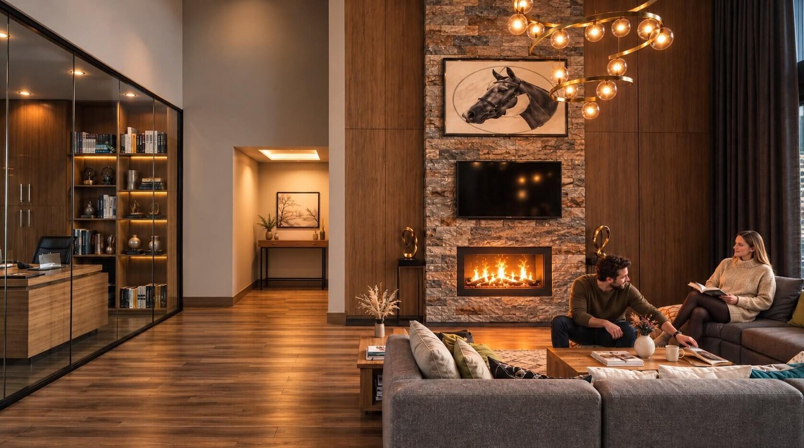 Modern luxury living room interior render with fireplace feature wall, warm lighting, and contemporary furniture design by Yantram Studio– 3D architectural visualization Yantram Studio