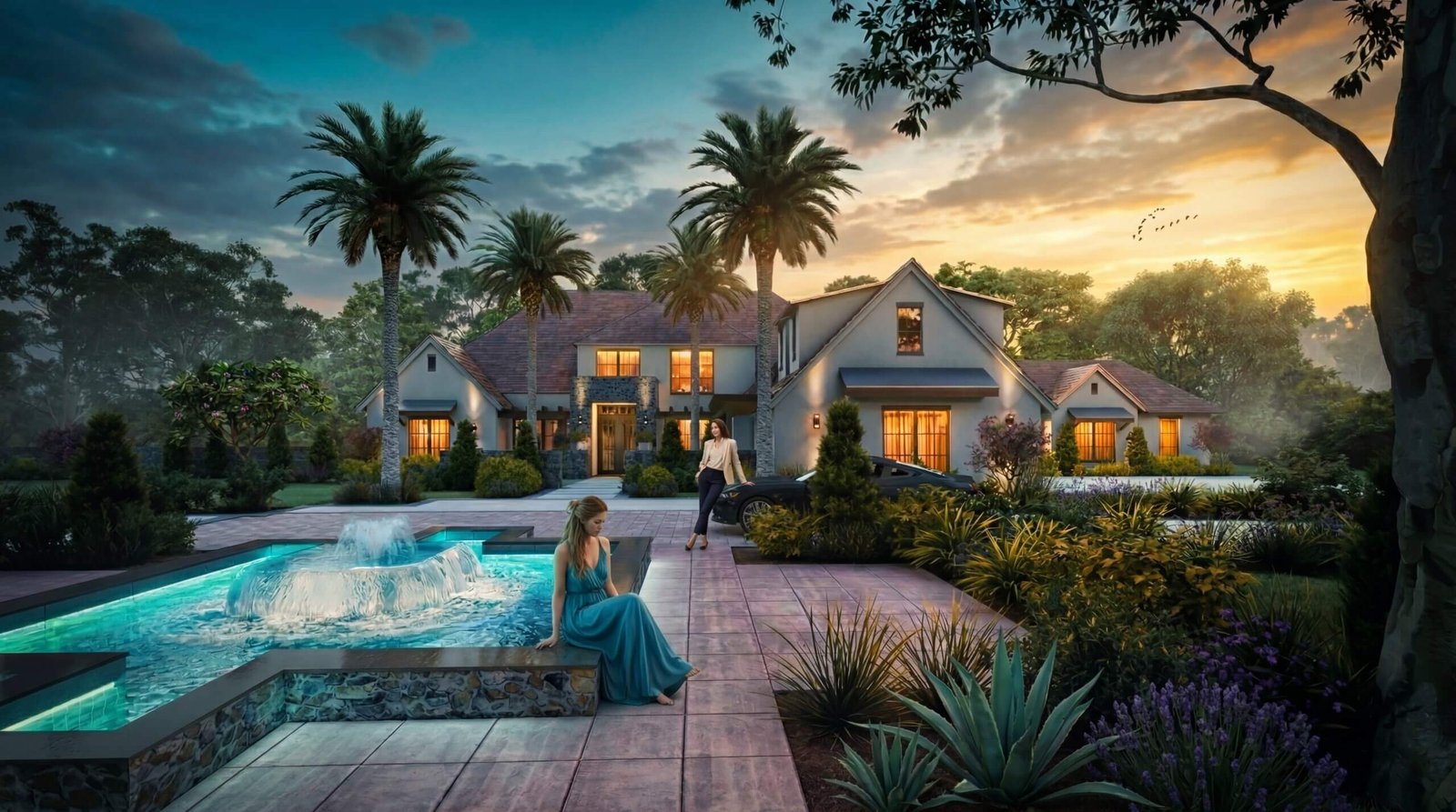 Luxury tropical villa exterior render at sunset with landscaped garden, palm trees, pool fountain, and warm interior lighting by Yantram Studio