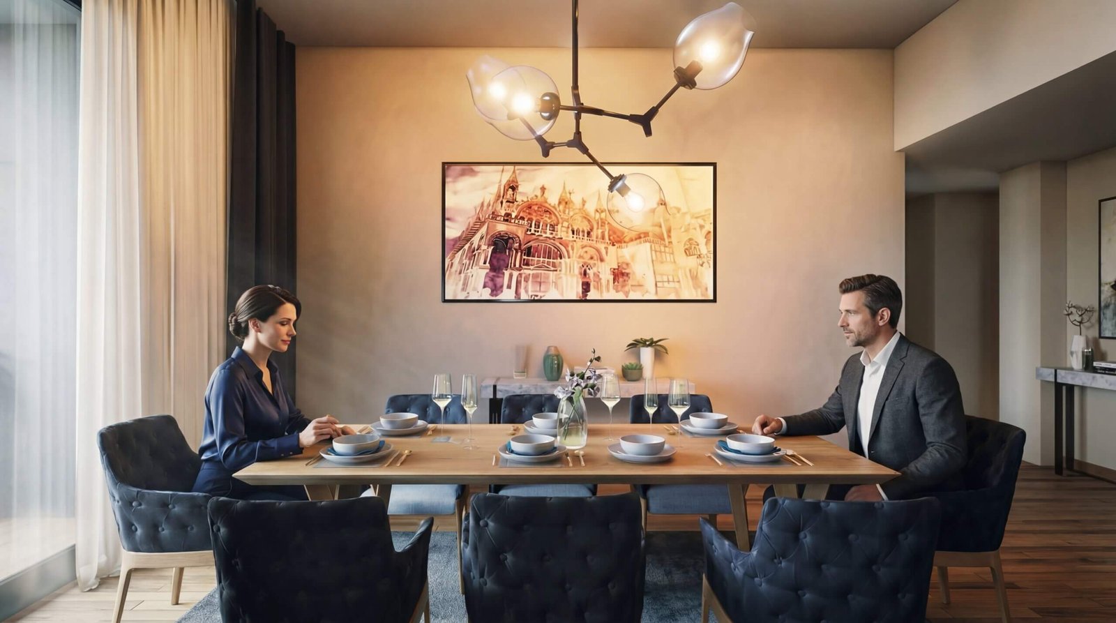 Modern dining room interior render with elegant lighting fixture, wooden dining table, upholstered chairs, and warm ambient lighting by Yantram Studio – 3D architectural visualization by Yantram Studio