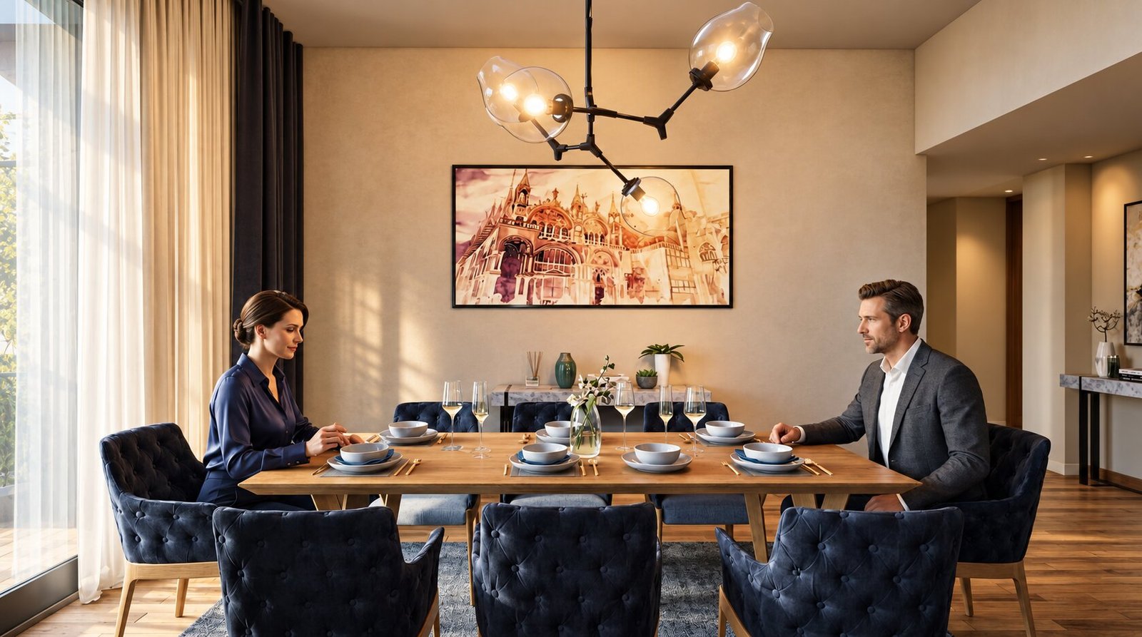Modern dining room interior render with elegant lighting fixture, wooden dining table, upholstered chairs, and warm ambient lighting by Yantram Studio – 3D architectural visualization by Yantram Studio