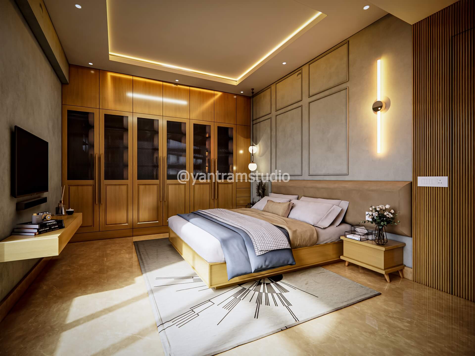Modern Interior Rendering Elegant Bedroom Design with Comfort & Functionality