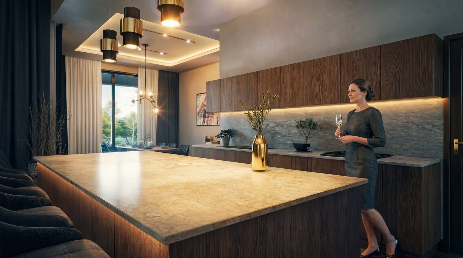 Modern luxury kitchen interior with large marble island, warm ambient lighting, wooden cabinetry, pendant lights, and woman holding a glass in a sophisticated living space. – 3D visualization by Yantram Studio