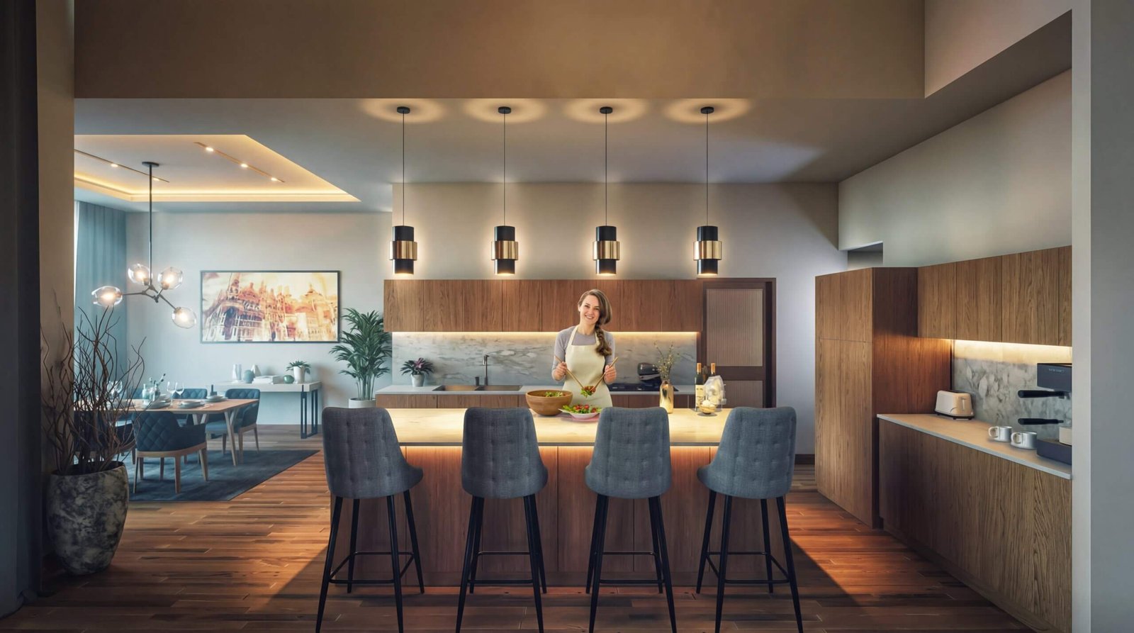 Modern open kitchen interior render with island seating, pendant lighting, wooden cabinetry, and warm ambient lighting by Yantram Studio – 3D rendering by Yantram Studio