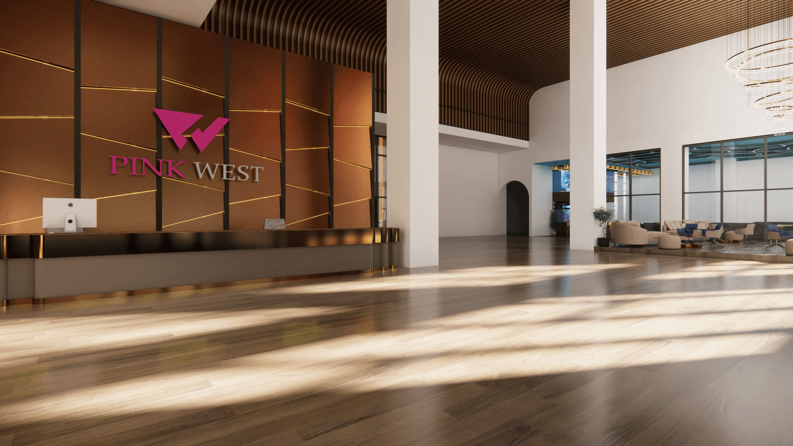 Photorealistic 3D rendering of a modern commercial lobby reception with wooden feature wall, large columns, polished flooring, and contemporary seating area by Yantram Studio.– 3D rendering by Yantram Studio