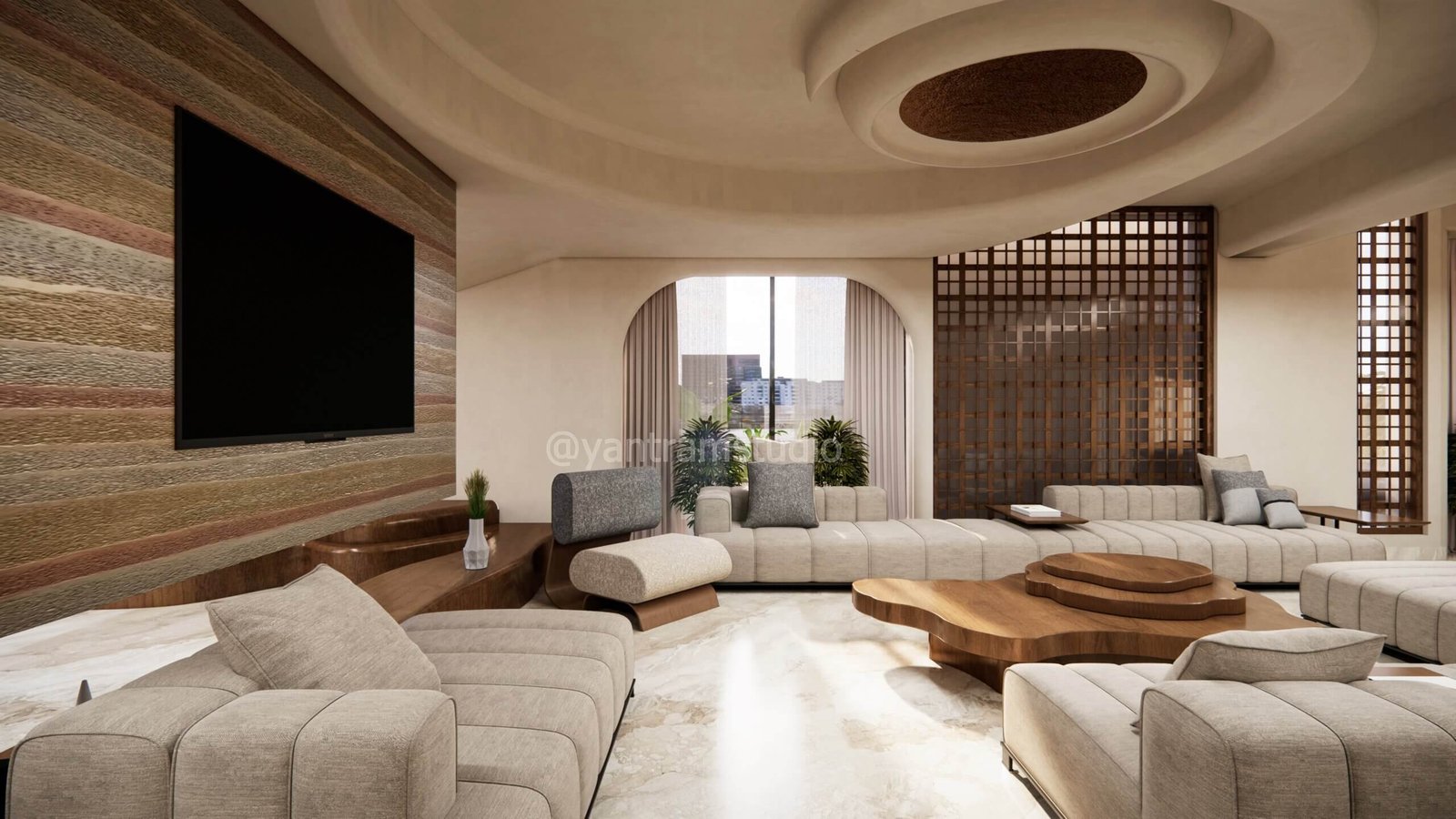 Modern living room with curved ceiling design, textured feature wall, modular beige sofas, sculptural wooden coffee table, and large TV wall.
