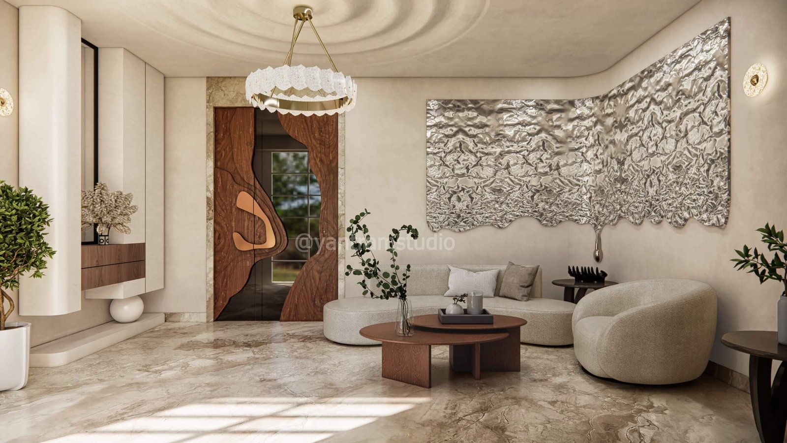 Luxury Contemporary Living Room with Sculptural Art Feature | Yantram Studio Modern living room with curved beige sofa, abstract metallic wall art, marble flooring, designer chandelier, and artistic wooden door.