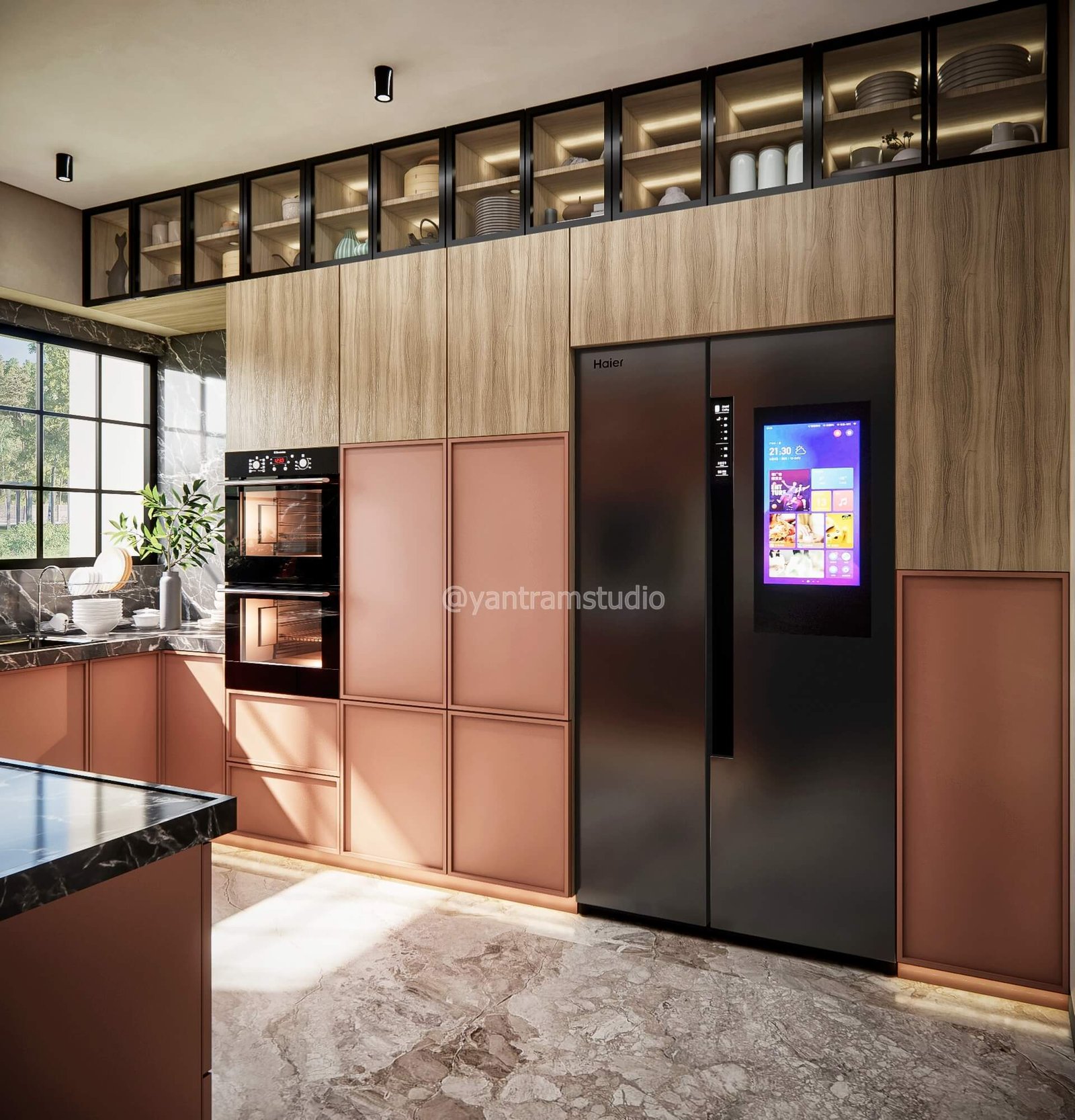 Premium modular kitchen with rose-gold panels, black refrigerator, and built-in open shelving — 3D Room Design Amsterdam Rotterdam
