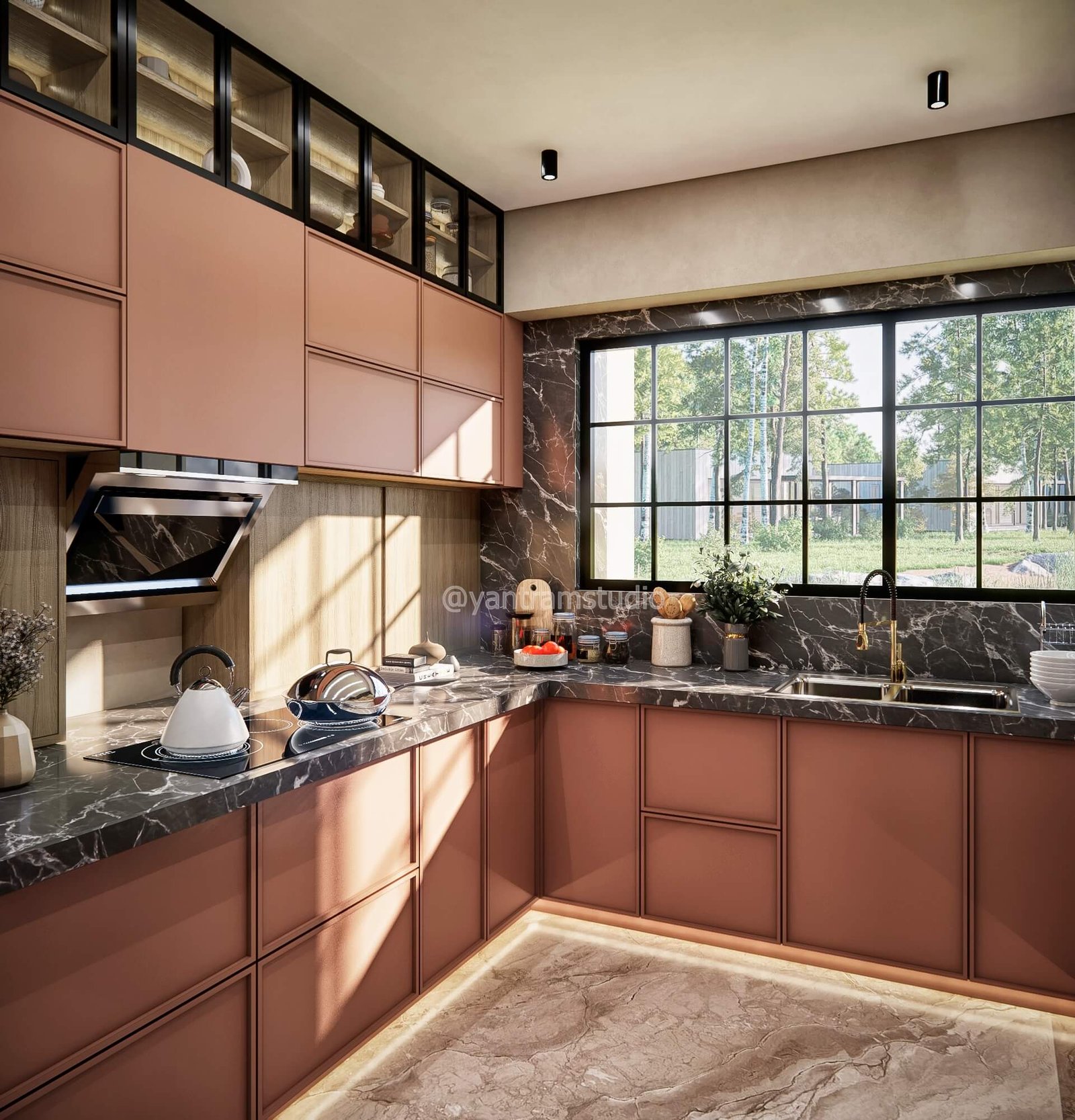 Large kitchen with terracotta cabinetry, full-height windows, and warm natural light throughout — Photorealistic Interior Renderings Dutch Cities
