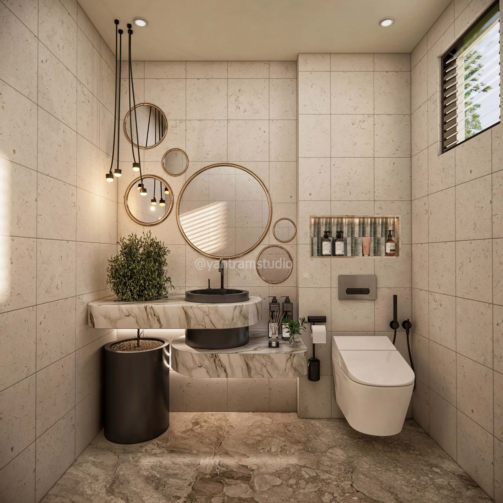 Modern powder room with geometric tile, circular mirrors, pendant lighting, and floating vanity — Interior Visualization Studios Netherlands