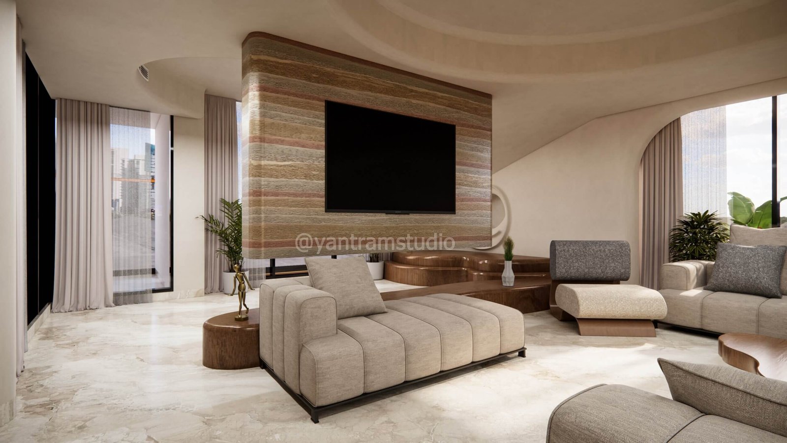 Contemporary Luxury Living Room with Feature TV Wall | Yantram Studio Modern living room with curved architectural walls, textured stone feature TV wall, beige lounge seating, and marble flooring.