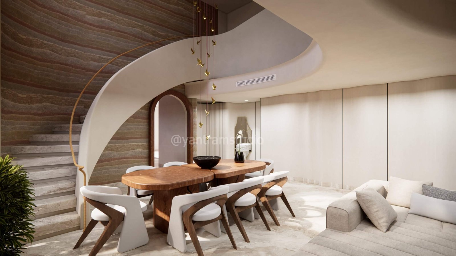 Dining room with curved staircase feature, wood table, neutral walls, and sculptural pendant lights — Netherlands Residential Visualization Specialists