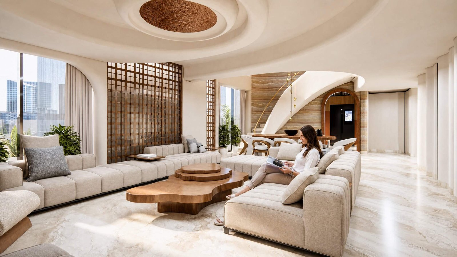 Contemporary luxury living room with modular beige sofas, sculptural wooden coffee table, curved staircase, and open dining area.
