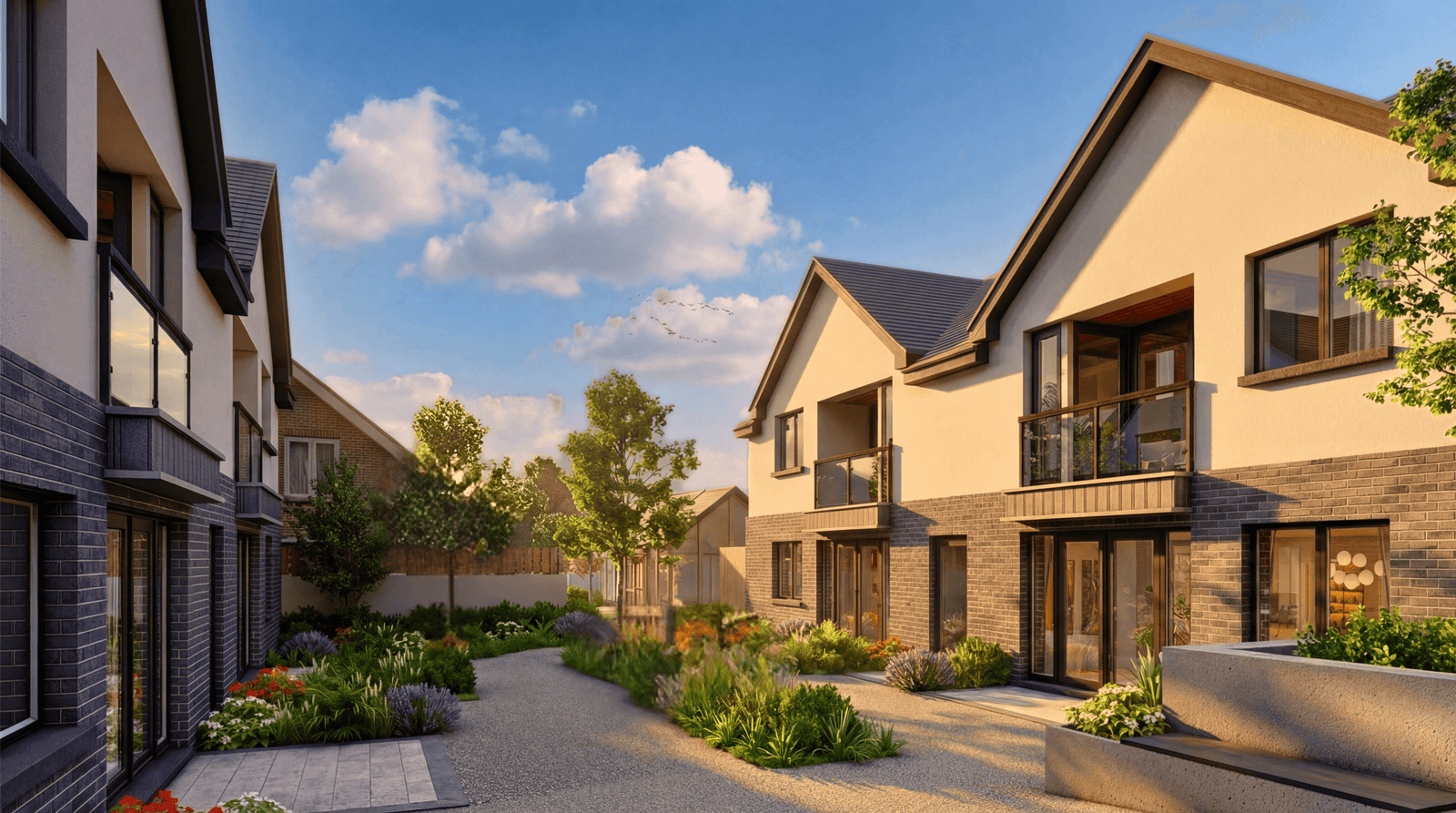 Photorealistic 3D rendering of modern townhouse residences with landscaped pathway, brick and stucco façade, and warm evening sunlight