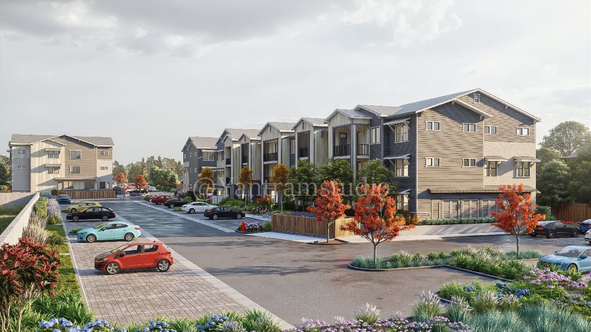 3D rendering of a modern apartment complex with landscaped streets, parking areas, and contemporary residential buildings – 3D architectural visualization by Yantram Studio