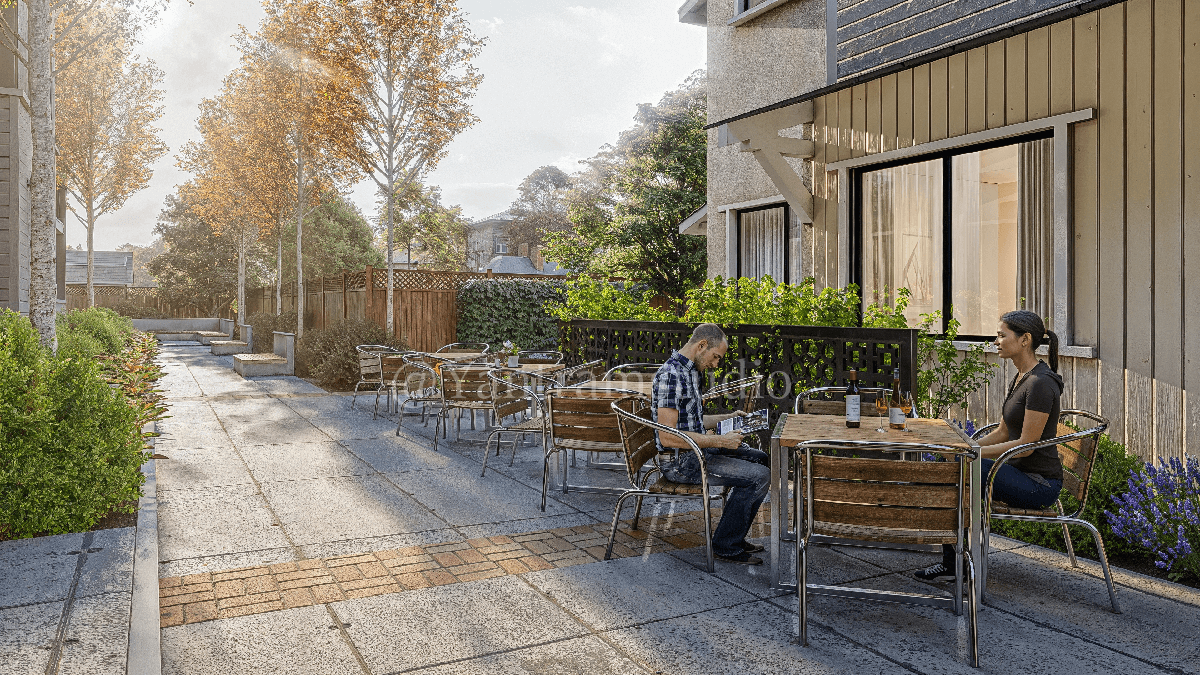 3D visualization of outdoor café seating area with wooden tables, landscaped walkway, and modern residential building façade in the background – 3D rendering by Yantram Studio