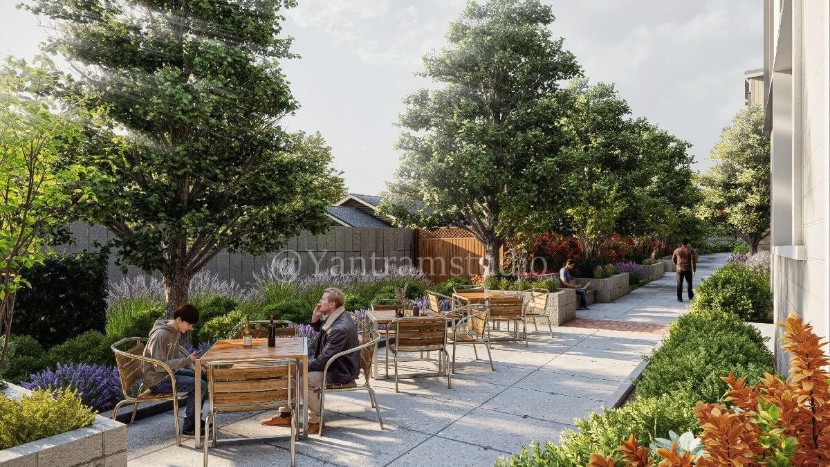 3D rendering of a modern apartment complex with landscaped frontage, parked cars, and contemporary residential architecture. – 3D architectural visualization by Yantram Studio