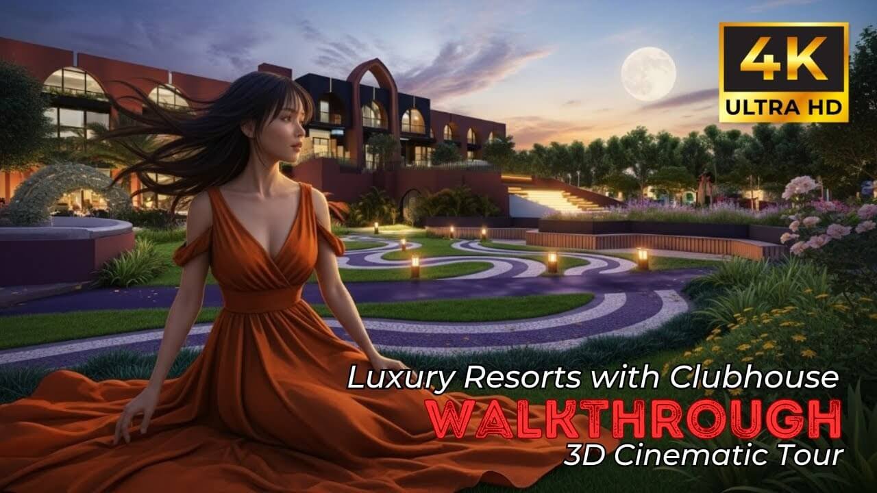 3D rendered luxury resort clubhouse exterior with landscaped pathways, ambient garden lighting, and cinematic evening sky visualization