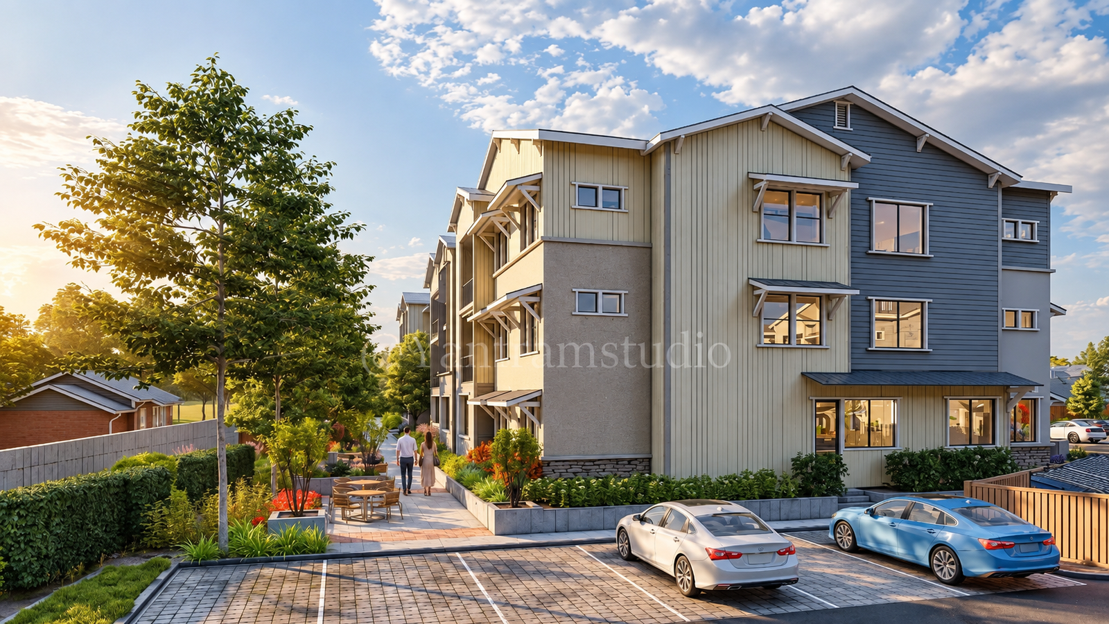 3D exterior rendering of a modern apartment building with landscaped pathways, parked cars, and contemporary façade materials-3D architectural visualization by Yantram Studio