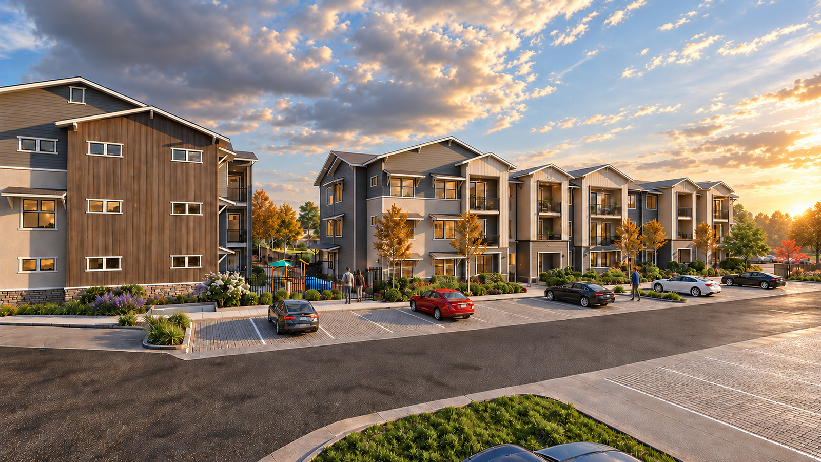 3D architectural rendering of a modern apartment complex with landscaped frontage, parked cars, and contemporary residential façades. – 3D visualization by Yantram Studio