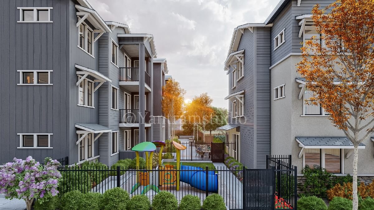 3D rendering of modern apartment buildings with a fenced children’s playground and landscaped courtyard – 3D visualization by Yantram Studio