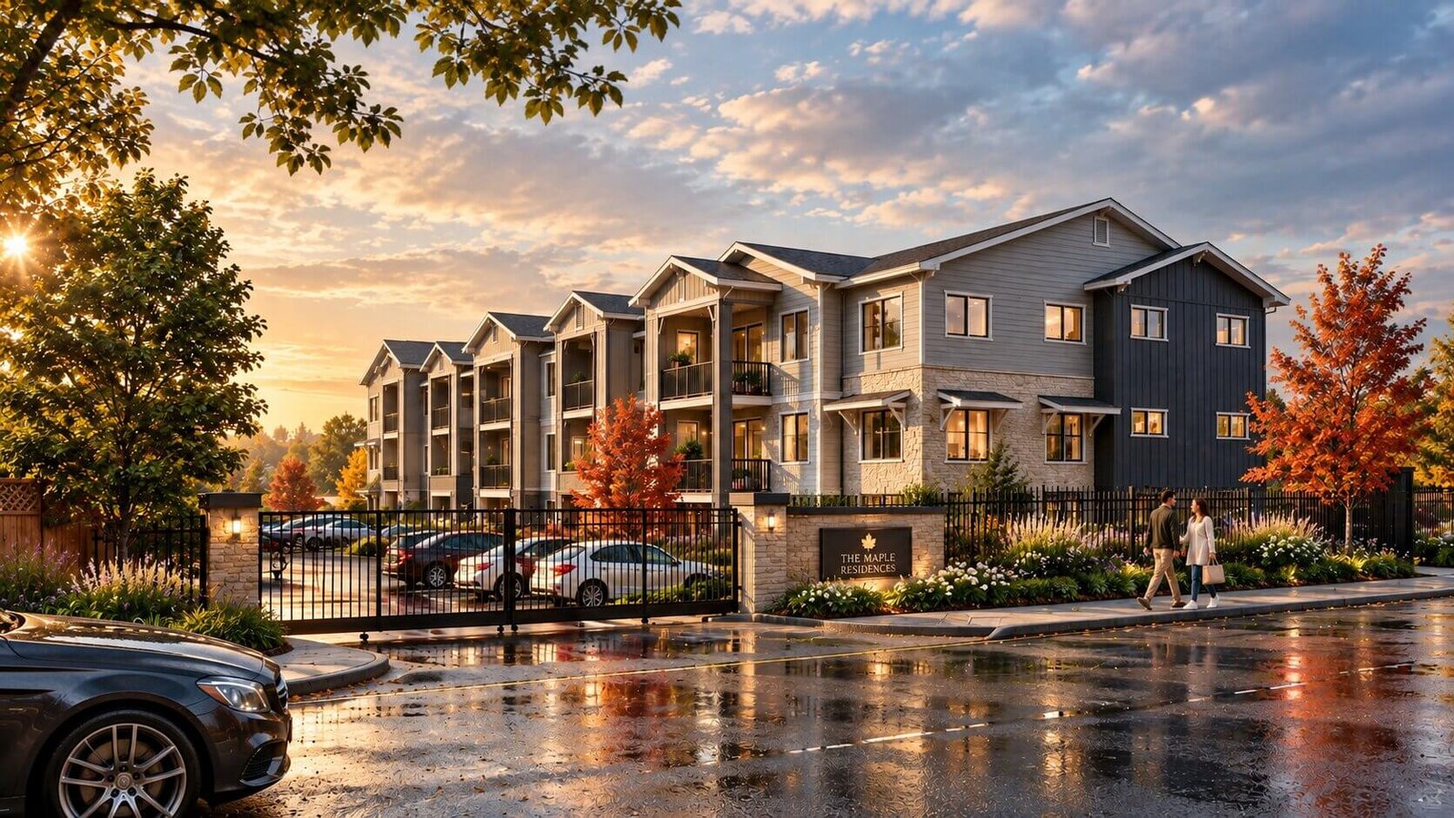 3D exterior rendering of a modern apartment complex with landscaped grounds, parked cars, gated fencing, and wet reflective pavement after rain – 3D visualization by Yantram Studio,
