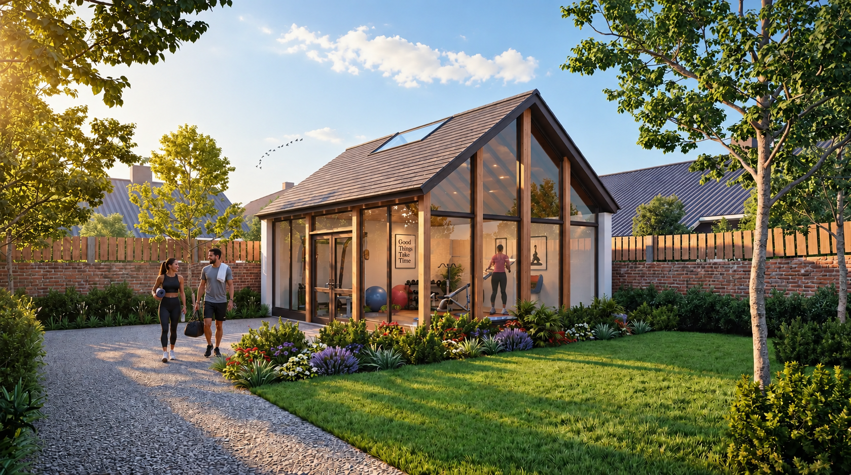 Modern backyard glass garden room with wooden frame, landscaped lawn, and warm sunlight exterior render – 3D visualization by Yantram Studio,