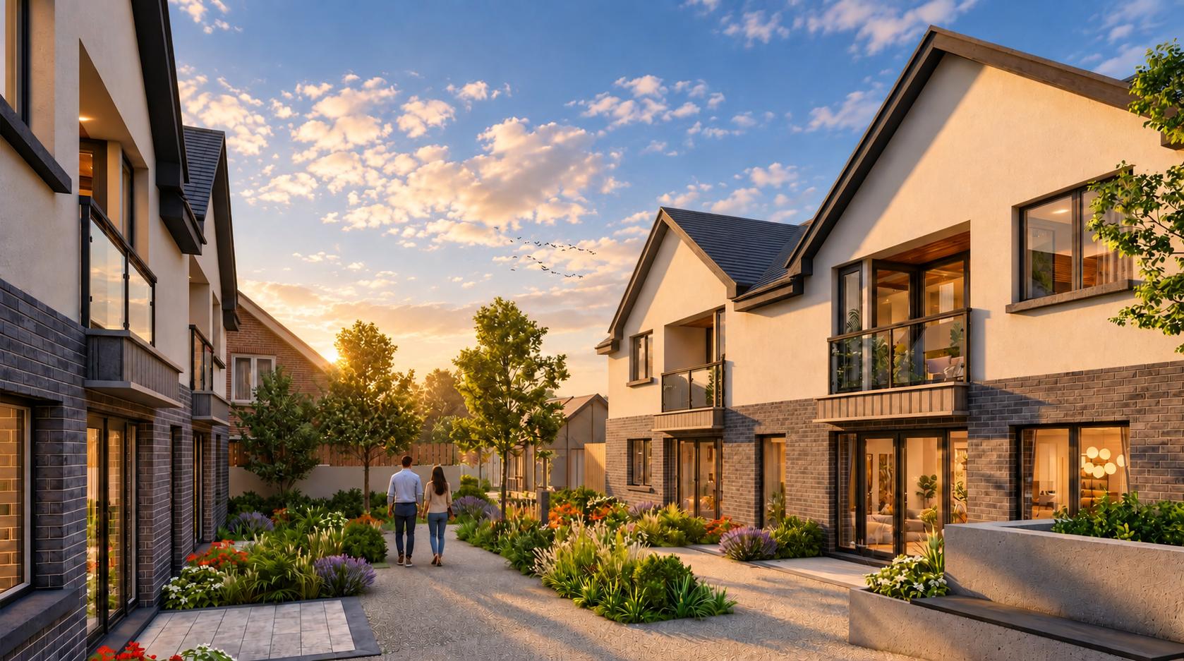 Modern residential townhouse courtyard with landscaped garden, pathway, and contemporary homes in warm golden hour lighting 3D render by Yantram Studio