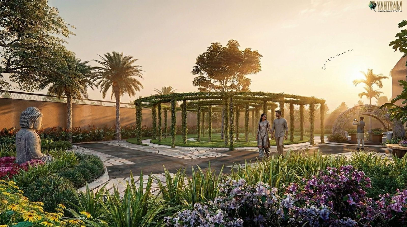 3D landscape rendering of a wellness garden with a vine-covered pergola, meditation area, Buddha statue, flowering plants, and walking path – 3D visualization by Yantram Studio