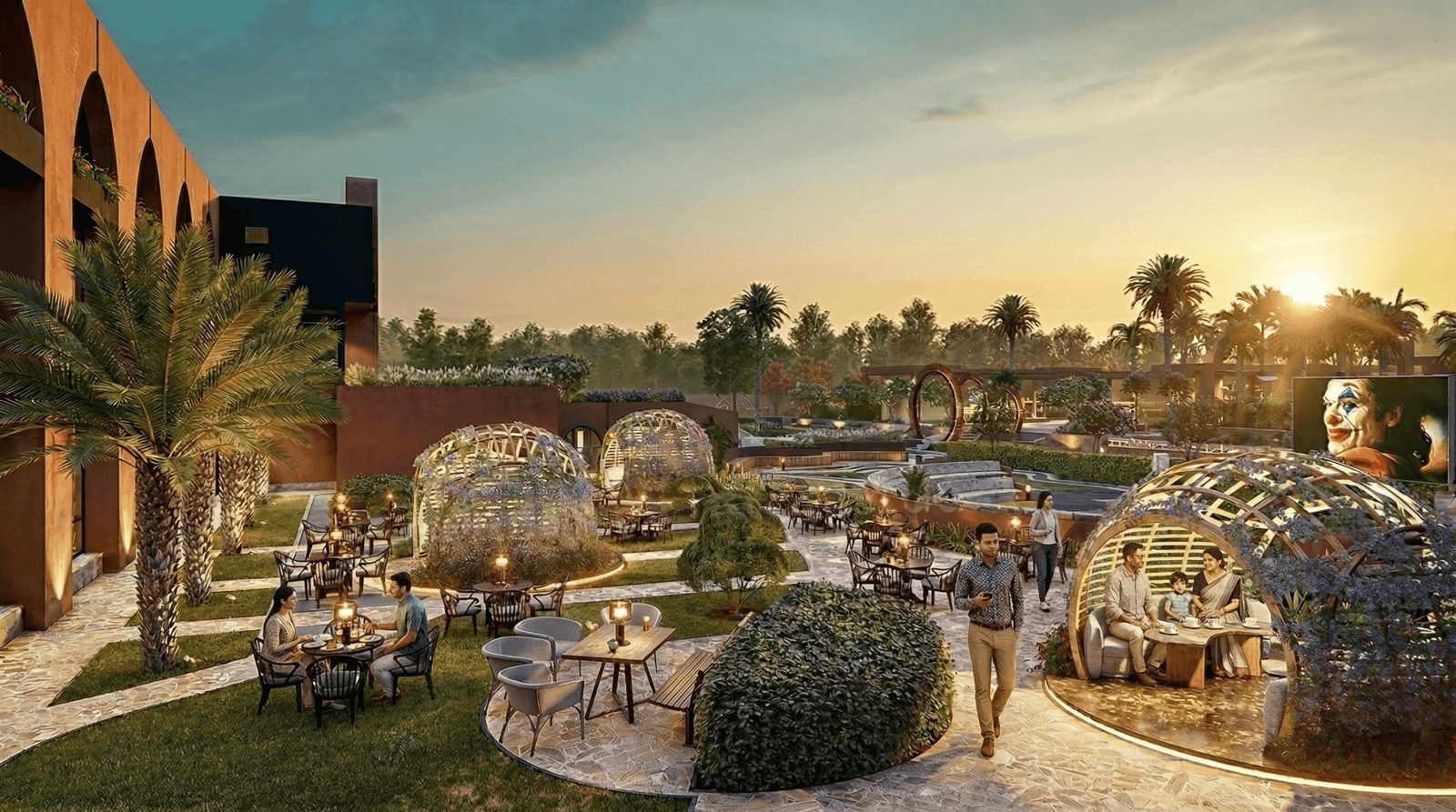 3D rendered luxury resort garden lounge with glowing dome seating pods, landscaped pathways, outdoor café tables, and evening ambient lighting– 3D architectural visualization Yantram Studio
