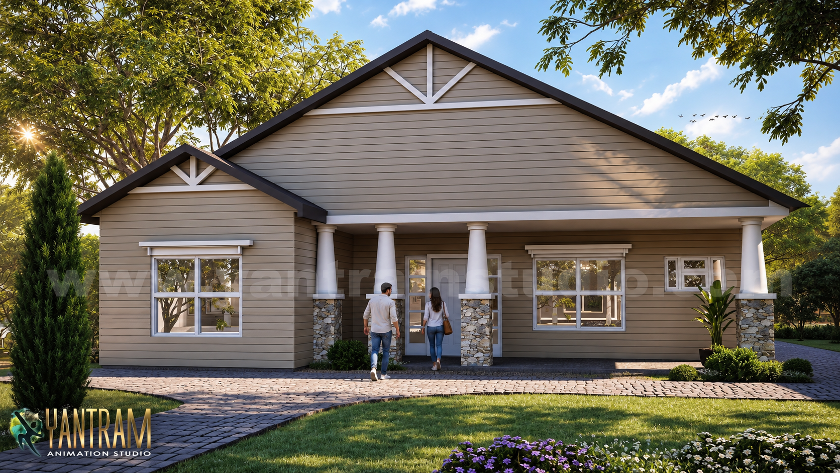 Ranch-style house with pitched roof, covered porch, and horizontal siding