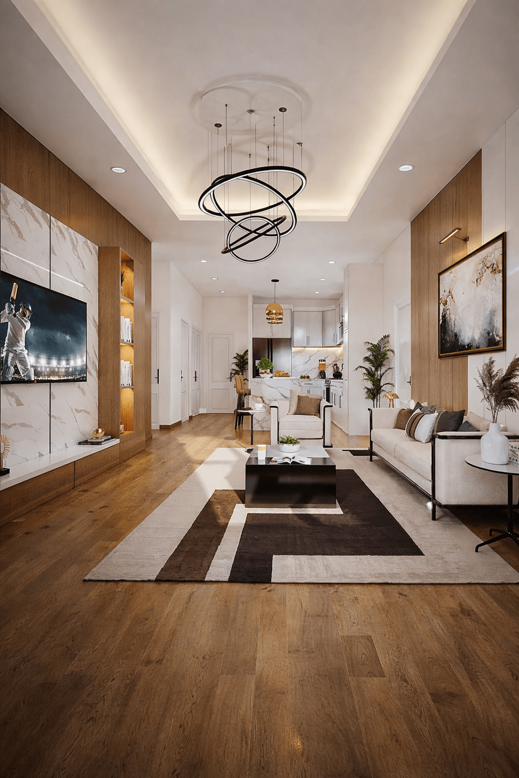 Entryway and living space with warm wood wall cladding and minimal furnishings