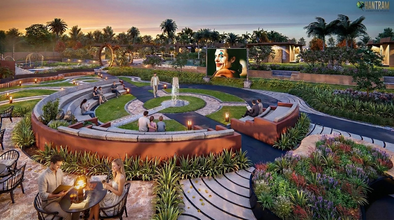 3D rendered resort clubhouse amphitheater with circular seating, landscaped gardens, walking paths, fountain, and outdoor movie screen in Ahmedabad, India.