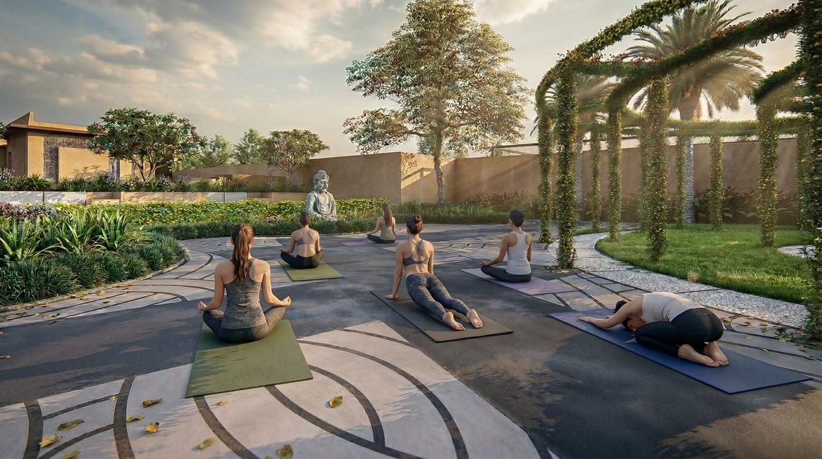 3D rendering of a meditation garden with people seated in mindfulness poses, a Buddha statue, vine-covered pergola, and landscaped greenery – 3D architectural visualization by Yantram Studio