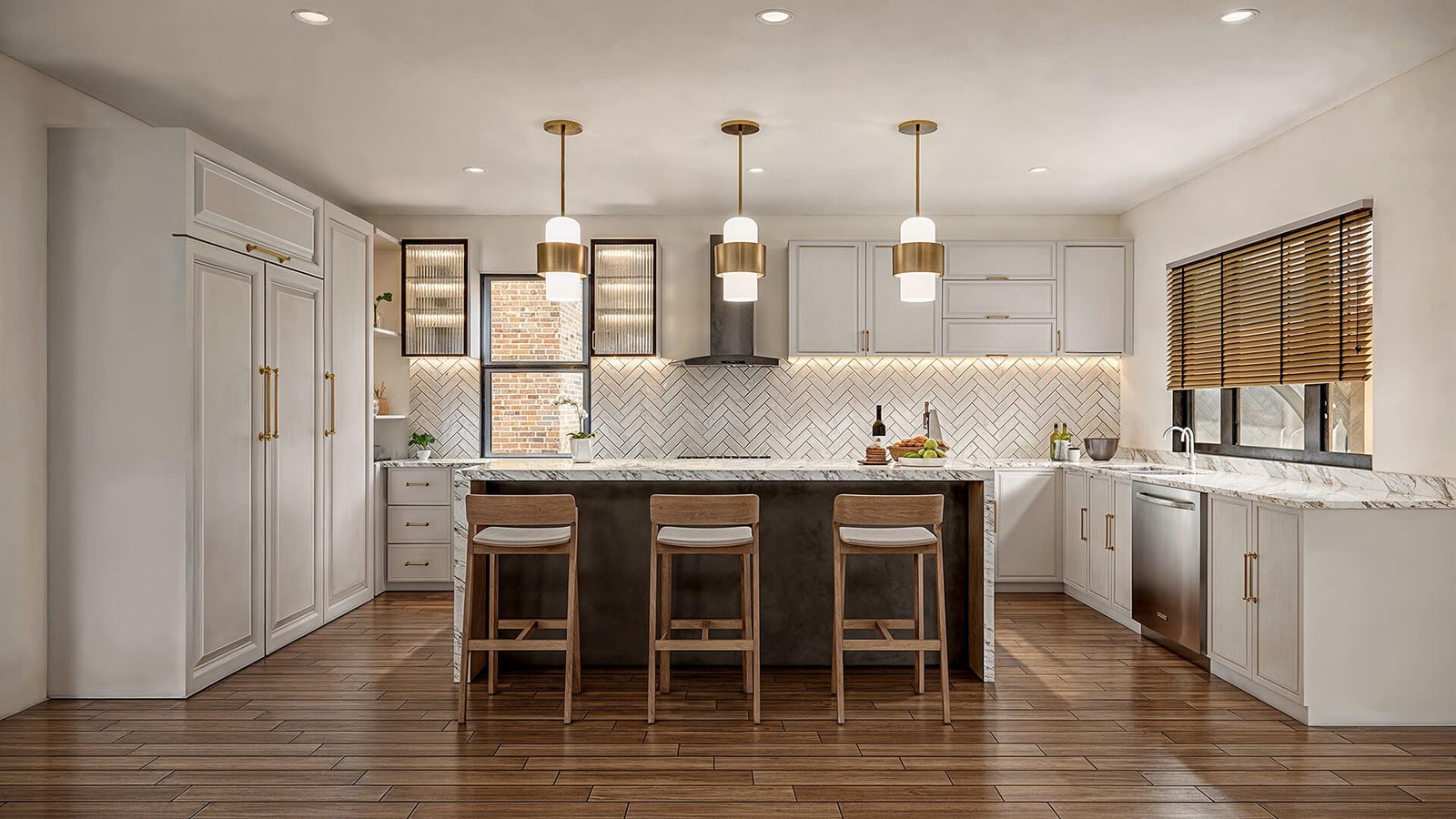 Kitchen with light wood island, white cabinetry, and pendant lights over counter seating