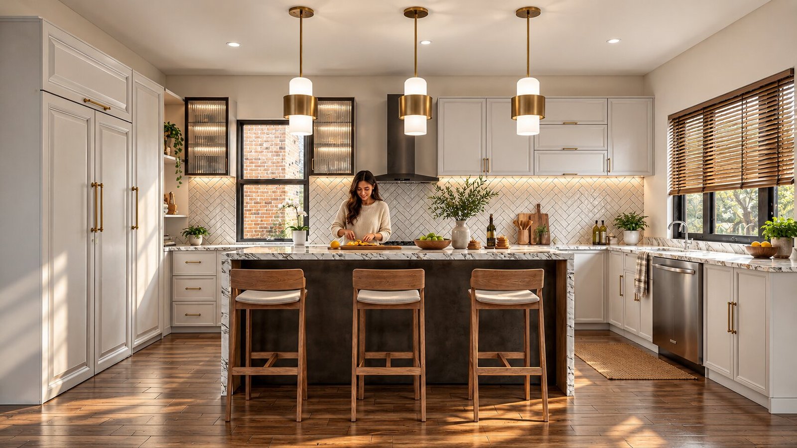 Stylish kitchen with modern appliances and lighting
