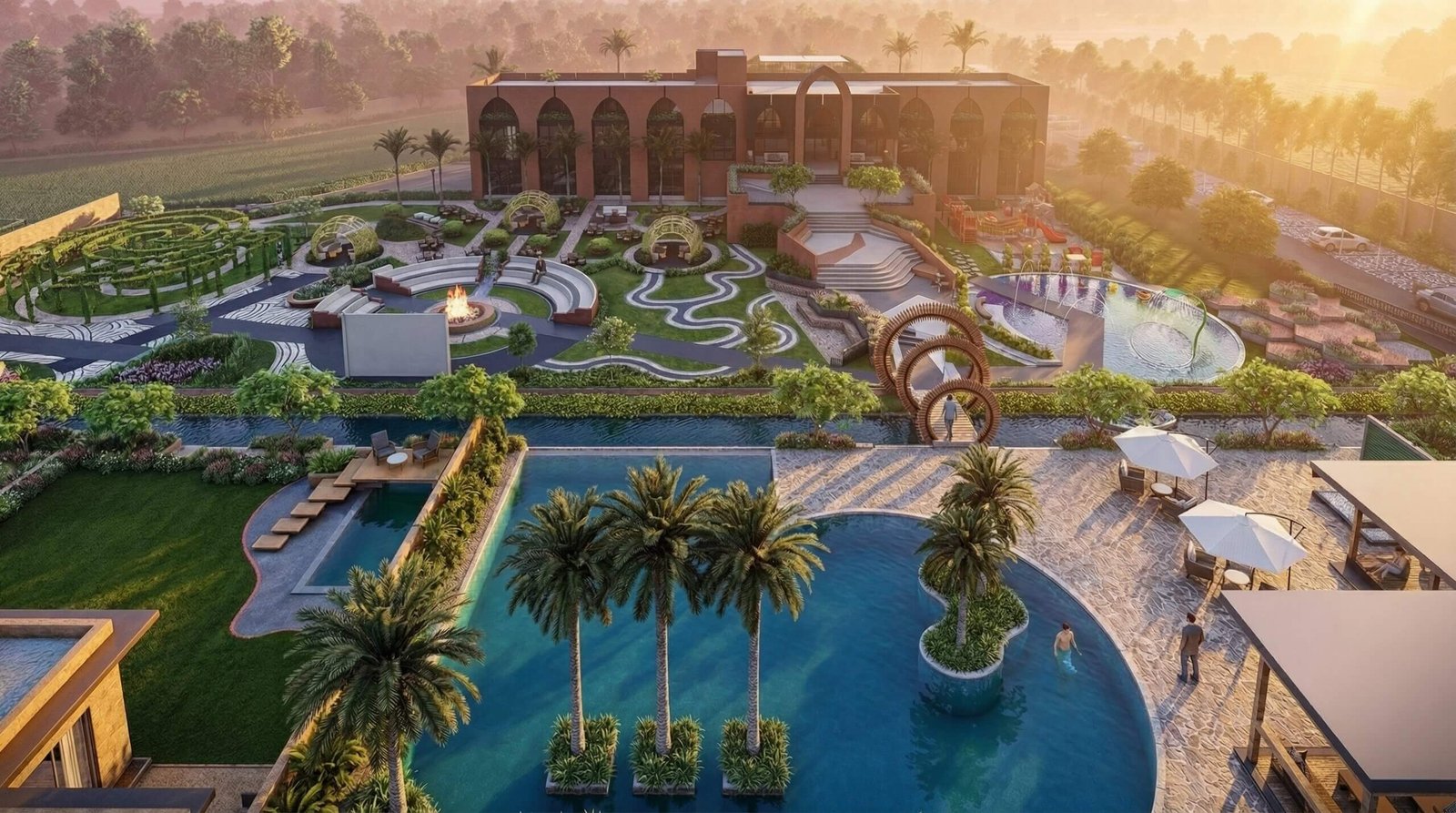 Aerial 3D rendering of a luxury resort masterplan featuring swimming pools, landscaped gardens, palm-lined water features, amphitheater seating, and a central clubhouse – 3D rendering by Yantram Studio