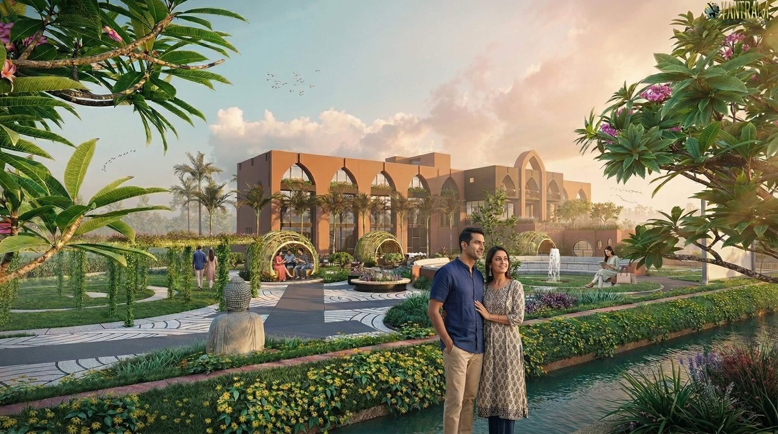3D rendering of a landscaped resort garden with flowering plants, curved walking paths, pergola seating areas, a fountain plaza, and a modern arched clubhouse building – 3D rendering by Yantram Studio