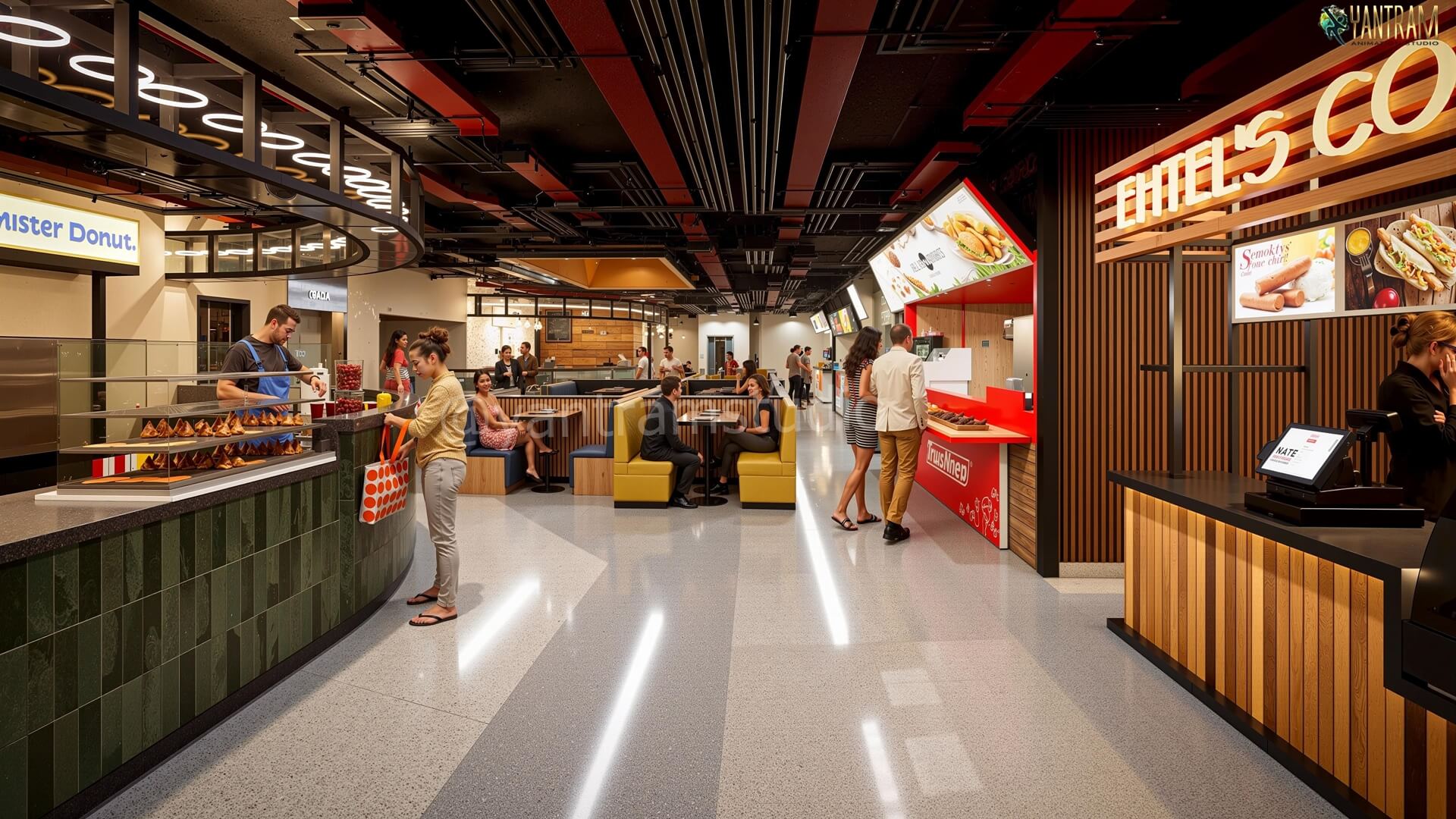 Modern Food Court Design Visualized with 3D Interior Rendering Services