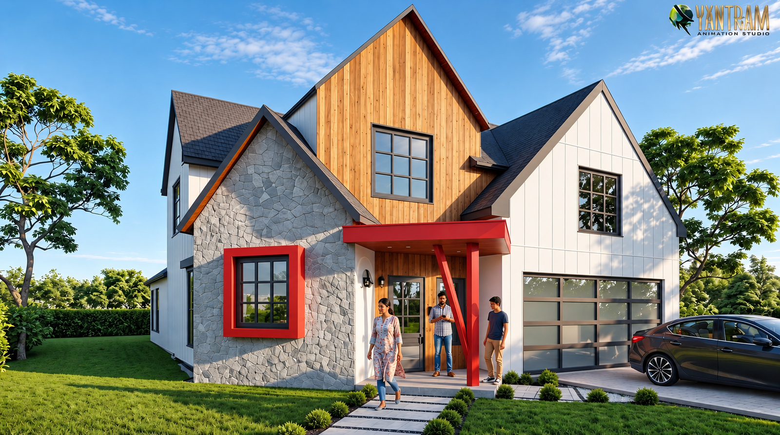 Eclectic residential home with mixed materials, copper accents, and red door