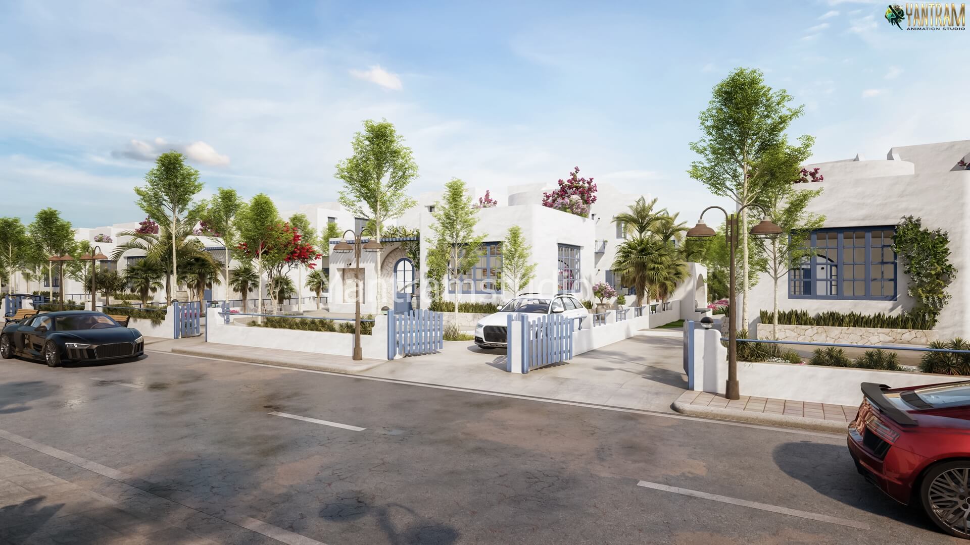 Santorini-Inspired 3D Architectural Design Studio Showcasing Elegant White Villas for Luxury Residential Projects in Ukraine, Europe