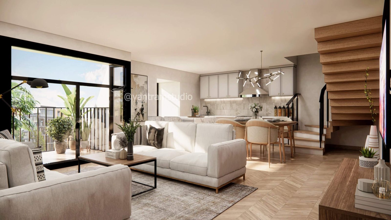 Contemporary living and dining space connected by staircase, with neutral tones and hardwood floors — Netherlands Residential Visualization Specialists