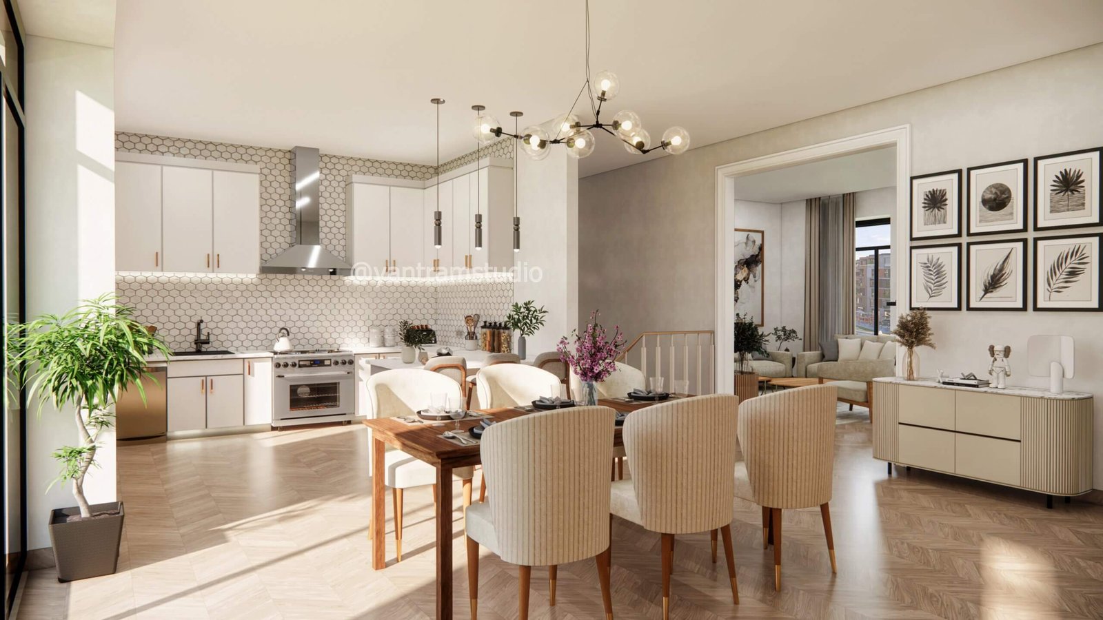 Kitchen dining combination with white cabinetry, dining table, and open sightlines