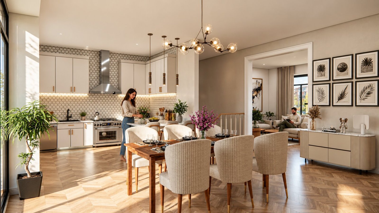 Dining area with a stylish kitchen layout — Custom Kitchen Interior Rendering