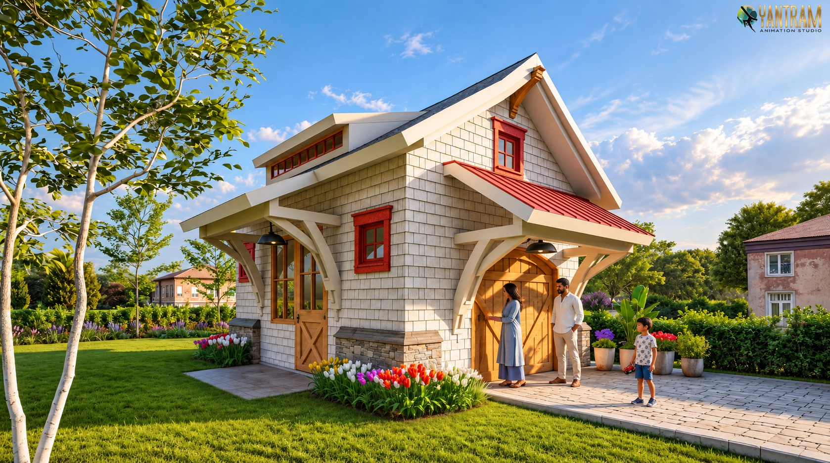 Photorealistic 3D exterior rendering of a charming cottage-style house with white shingle siding, red roof accents, wooden doors, decorative brackets, and landscaped garden.